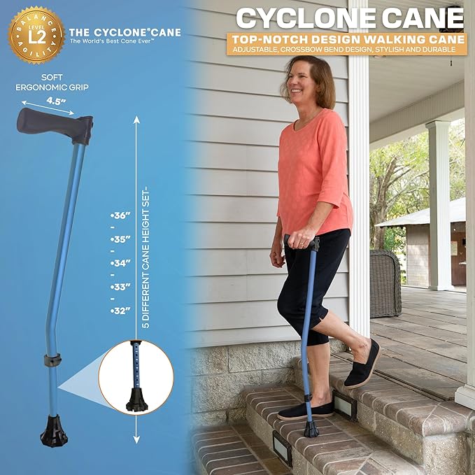 Dynamo Cyclone Cane - Maximum Grip for Every Step. Designed for All-Day Comfort. Built to Keep You Steady and Safe. Stability You can Trust, Anywhere You go. (Blue)