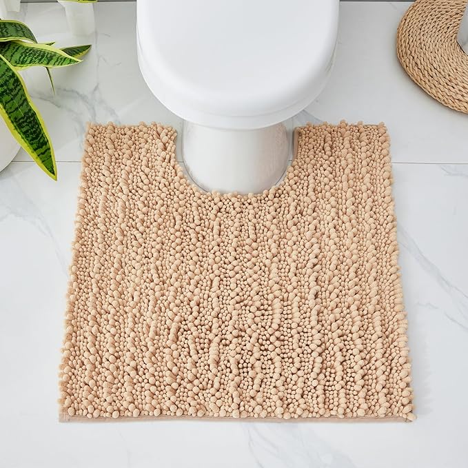 Toilet Rug 24x24 Non Slip Plush Bathroom Floor Mat U Shaped Washable Contour Rug for Toilet Absorbent Thick Foot Rug, Beige