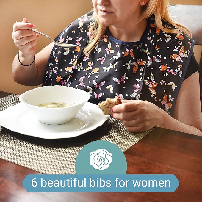 6 Pack Adult Bibs with Crumb Catcher - Waterproof and Reusable Clothing Protectors for Elderly Women