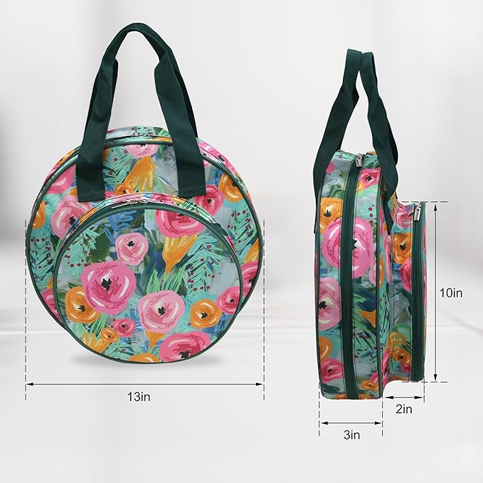 JLDTOP Round Embroidery Project Bag Embroidery Storage Organizer Cross Stitch Bag Floral for Floss, Hoops, Thread, Knitting Tools(Bag Only) (Green Floral)
