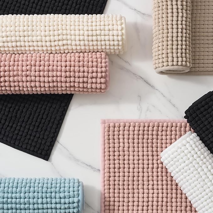 FRESHMINT Thick Chunky Chenille Bathroom Rugs 17"x24", Non Slip Bath Mat for Bathroom Floor, Large Soft Bathroom Decor Accessories, Cute Shower Mat Water Absorbent, Washable, Dusty Pink