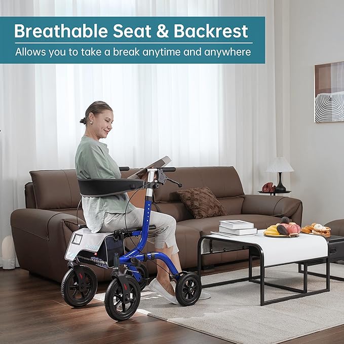 ELENKER All-Terrain Rollator Walker with Seat, Outdoor Rolling Walker, 12” Non-Pneumatic Tire Front Wheels, Compact Folding Design for Seniors, Blue