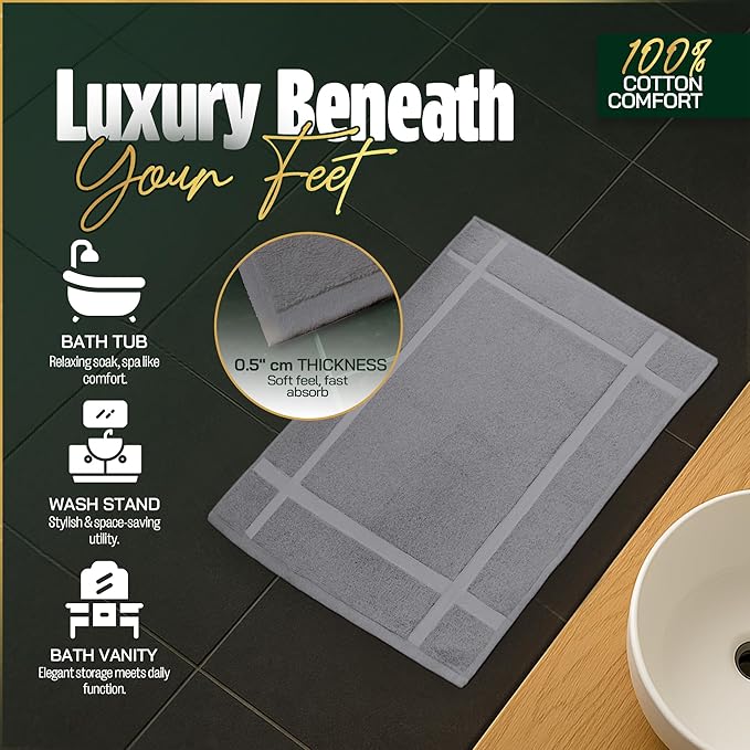 Pearl Linens Pack of 2 Washable Cotton Bath Mat 18x25 - Soft & Absorbent Quick Dry Bathroom Mat Set, Not Bathroom Rugs After Shower Mat, Terry Bath Tub Mat, 687 GSM Light Grey