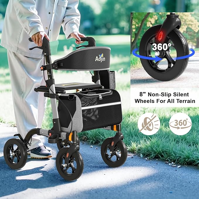 Walkers for Seniors, Rollator Walker with Seat, 350 lb Weight Capacity, 18" Big Seat, 8" All-Terrain Wheels, 6-Level Adjustable Height, Lightweight Aluminum Frame Rollator Walkers for Seniors (Silver)