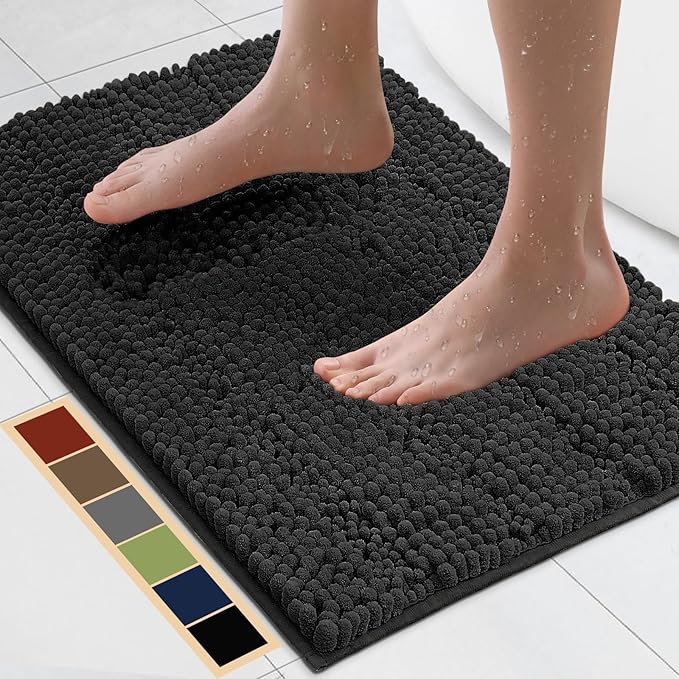 Bcoimo 24"×17" Chenille Bath Mat – Non-Slip with Backing Bath Rug Ultra-Absorbent and Machine Washable Bathroom Mat Quick-Dry Design. Ideal for Bathroom and Tub Areas