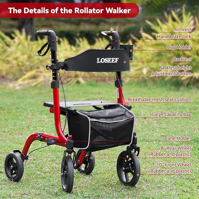 Foldable Rollator Walkers with Seat for Seniors, 10" Big Rubber Wheels All Terrain Rollator Walker with Adjustable Backrest and Handles, 350 Lb, Cup Holder, Lightweight 4 Wheel Walker for Seniors Red