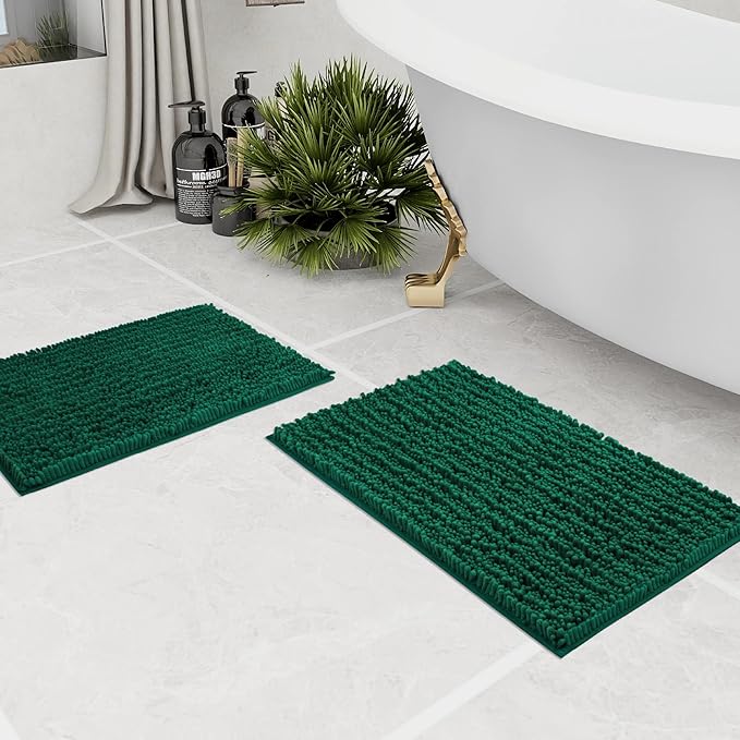 Walensee Bathroom Rug 2 Pieces Set Non Slip Bath Mat (17x24 Plus 20x32 Inch Hunter Green) Water Absorbent Super Soft Shaggy Chenille Machine Washable Dry Extra Thick Perfect Carpet for Shower Floor