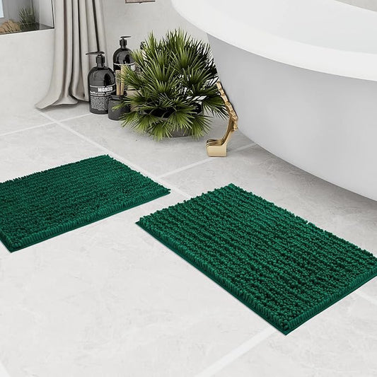 Walensee Bathroom Rug 2 Pieces Set Non Slip Bath Mat (17x24 Plus 20x32 Inch Hunter Green) Water Absorbent Super Soft Shaggy Chenille Machine Washable Dry Extra Thick Perfect Carpet for Shower Floor