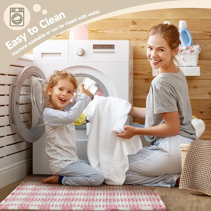 Waffle Bath Mat, Boho Bathroom Rugs Non Slip Washable Absorbent Checkered Bathroom Mat Quick Dry Cute Bath Mat, 30"x20" Pink and White