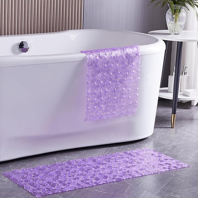 Bath Shower Mat Non Slip: Extra Large Pebble Bathtub mat for Families, Anti Slip Shower Matt with Drain Holes Suction Cups Tub Mat - 16 X 40 Inch Clear Purple