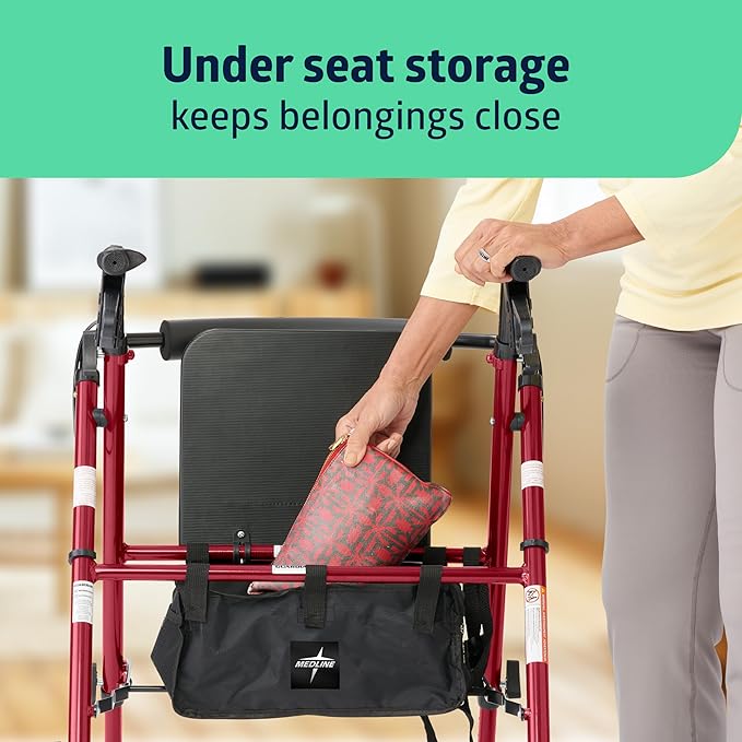 Medline Superlight Folding Aluminum Mobility Rollator Walker, Red, 250 lb. Weight Capacity, 6" Wheels, Adjustable Arms and Seat, Foldable Rolling Walker for Seniors