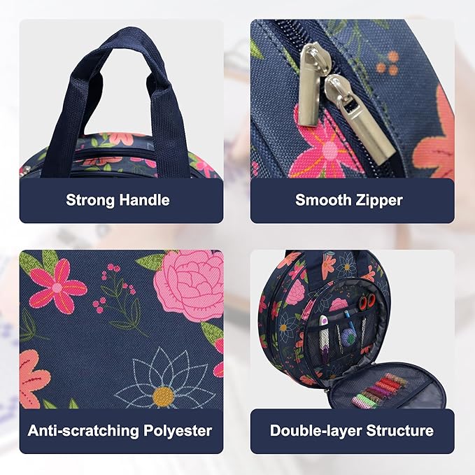 JLDTOP Round Embroidery Project Bag Embroidery Storage Organizer Cross Stitch Bag Floral for Floss, Hoops, Thread, Knitting Tools(Bag Only) (Blue Floral)