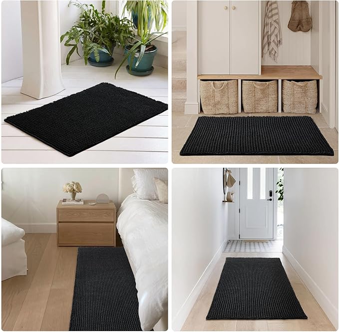 Black Bathroom Rug, Waffle Bath Mat Non Slip Washable Super Absorbent Quick Dry Boho Farmhouse Bathroom Decor, 36"x24"/ 3'x2' Black