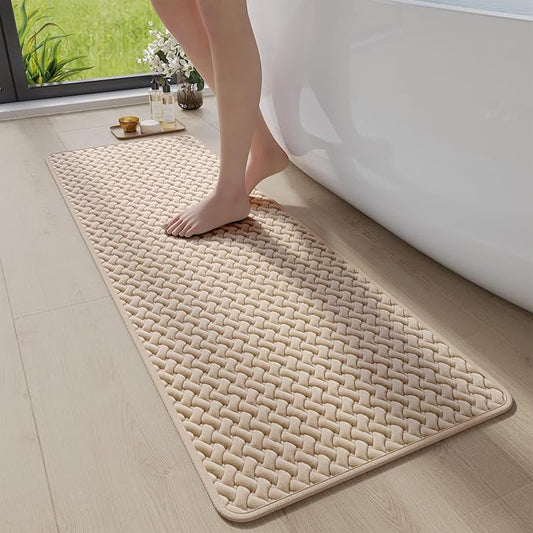Bathroom Runner Rug Non Slip, Super Absorbent Quick Dry Long Bath Mat, Foam Weave Texture Rubber Backing Ultra Thin Bathroom Mats Fit Under Door Bathroom Floor Bathtub Shower, 16"x 47"
