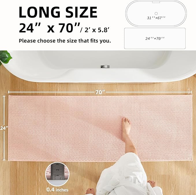 Bathroom Runner Rugs, Long Bath Mat Runner Washable Thin Quick Dry Low Pile Bathroom Runner Rugs Non Slip, Pink 24"x70"