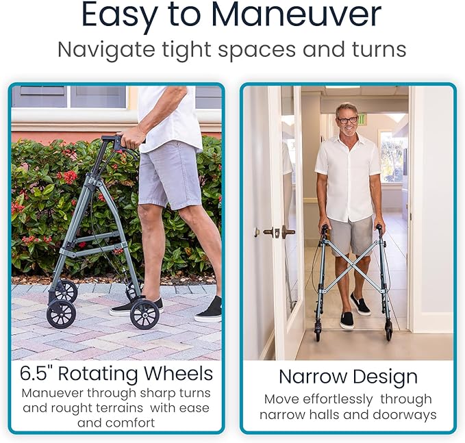 Vive Mobility Lightweight Walker for Seniors - Narrow, Folding Walker w/Wheels for Small & Tight Spaces - Light Weight for Balance, Compact Doorways, Foldable - Portable & Collapsible for Travel