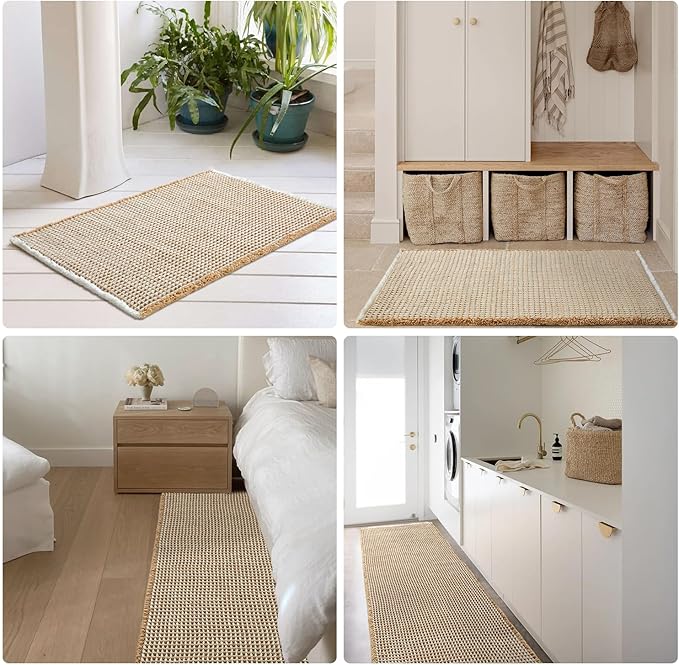 Waffle Bath Mat, Boho Bathroom Rugs Non Slip Washable Super Absorbent Quick Dry Bath Mat Farmhouse Bathroom Decor, 36"x24" Khaki and White