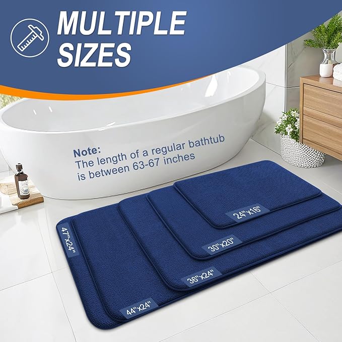 OLANLY Thick Memory Foam Bath Mat Rug 59x20, Extra Soft Absorbent Bathroom Rug, Quick Dry Bath Mats, Non-Slip, Machine Washable Carpet for Bathroom, Tub and Shower, Home Decor Accessories, Navy