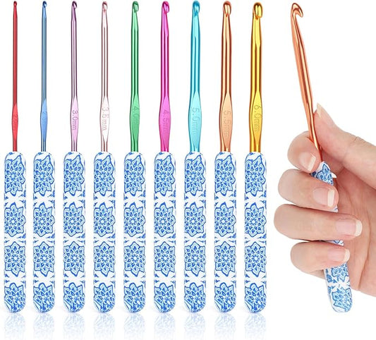 Coopay Warm Crochet Hooks Comfort Grip, Light Blue & White Porcelain Art Handle Crochet Set for Beginners, Longer Aluminum Shaft Crochet Hook Set 2.0mm-6.0mm, Smooth Crochet Needles Set for Crochet