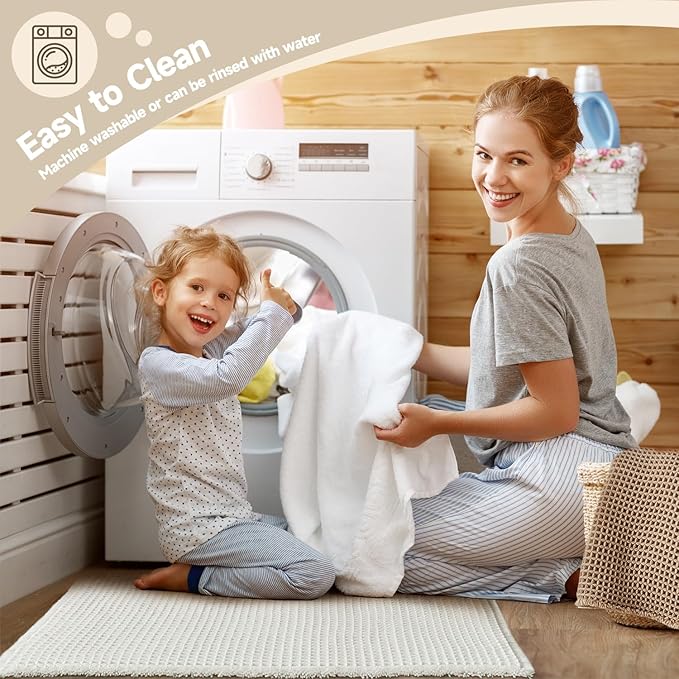 Cream White Bathroom Rugs, Waffle Bath Mat Non Slip Washable Super Absorbent Quick Dry Boho Farmhouse Bathroom Decor, 24"x16" Cream White