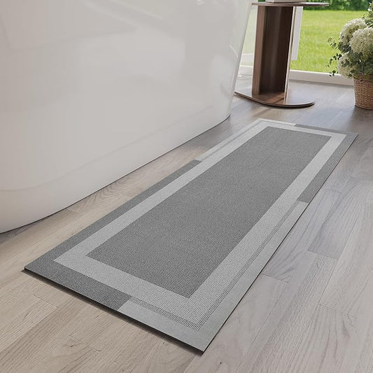 Non Slip Long Bath Mat Bathroom Runner, Rubber Backing Ultra Thin Bathroom Rugs Fit Under Door Quick Dry Super Absorbent Washable Bath Rug Shower Mat for Bathtub Sink Floor, Grey 17"x47"