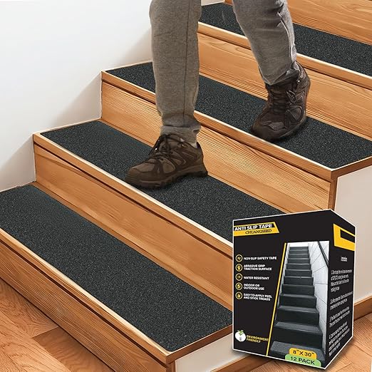 CHUANGSEED Stair Non-Slip Tape 8'' x 30'' (12-Pack), Heavy Duty Black Grit Anti-Slip,Indoor and Outdoor,High Traction Adhesive Treads Suitable for Most Slippery Surfaces