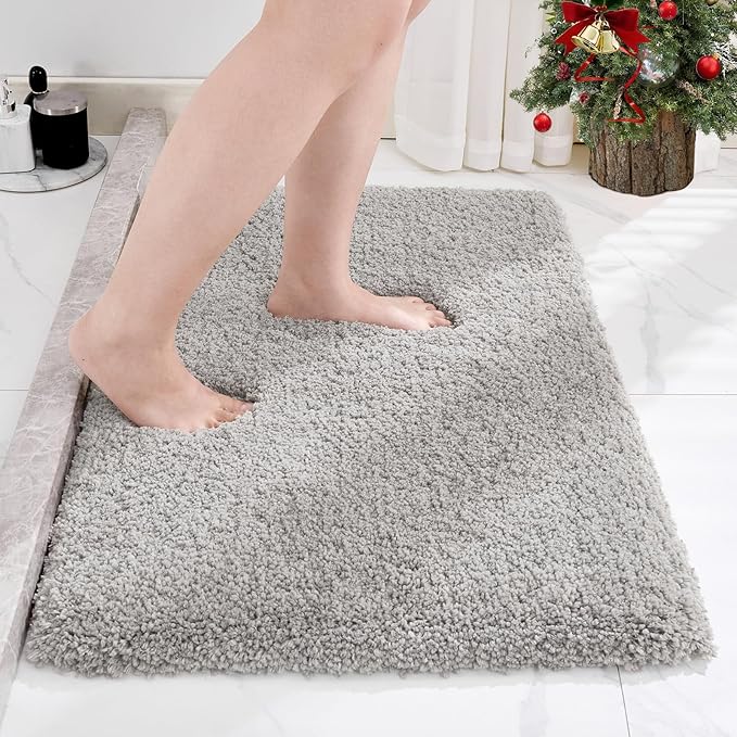 Small Bathroom Rug 17x24 Non Slip Gray Fluffy Bath Mat for Bathroom Floor Washable Plush Luxury Bath Rug for Tub Soft Shaggy Absorbent Shower Mat