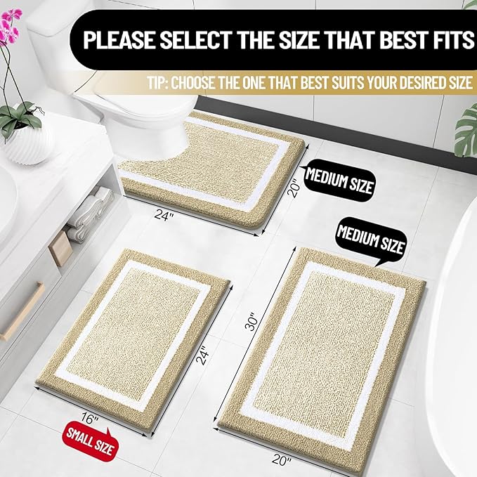 OLANLY Bathroom Rugs 24x16, Extra Soft and Absorbent Microfiber Bath Mat, Non-Slip, Machine Washable, Quick Dry Shaggy Bath Carpet, Suitable for Bathroom Floor, Tub, Shower (Small, Beige)