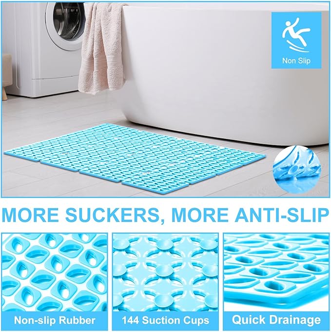 Shower Mat Non Slip，24"X24" Bathtub Mat Non Slip Square Shower Mats for Inside Shower with Drain Holes Suction Cups, Quick Drain, TPE Shower Floor Mat for Elderly & Kids (Blue)