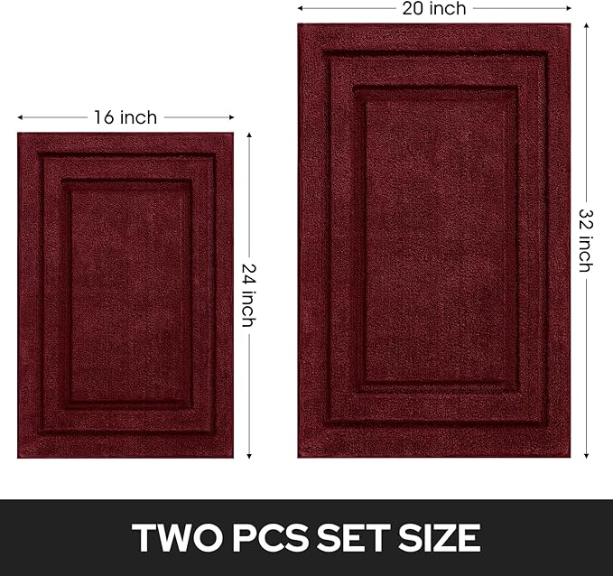 HOMEIDEAS Bathroom Rugs Sets 2 Piece, Super Soft and Absorbent Non Slip Microfiber Machine Washable Bath Mat Set (20" x 32" + 16" x 24", Burgundy Red)