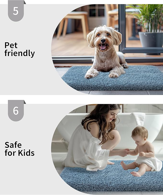 Small Bathroom Rug 17x24 Non Slip Blue Fluffy Bath Mat for Bathroom Floor Washable Plush Luxury Bath Rug for Tub Soft Shaggy Absorbent Shower Mat