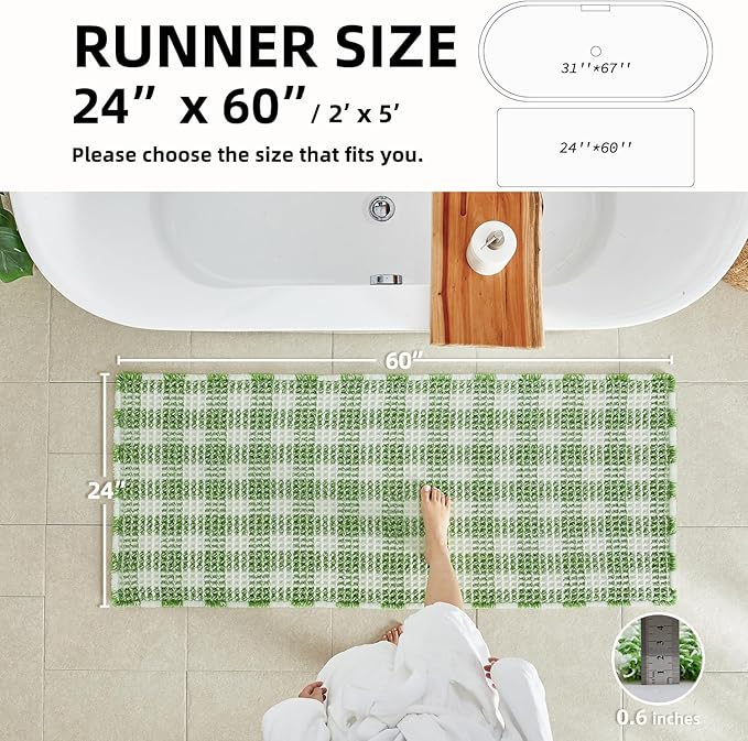 Waffle Runner Rug Bathroom, Long Boho Bathroom Rugs Non Slip Washable Absorbent Checkered Bathroom Mat Quick Dry Cute Bath Mat, 60"x24" Green and White