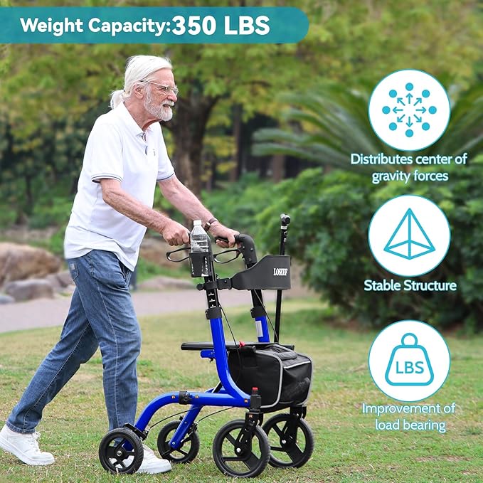 Foldable Rollator Walkers With Seat For Seniors, 10" Big Rubber Wheels All Terrain Rollator Walker With Adjustable Backrest And Handles, 350 Lb, Cup Holder, Lightweight 4 Wheel Walker For Seniors Blue