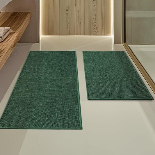 YIHOUSE Green Bathroom Rug Sets 2 Piece, Bath Mat Quick Dry, Thin Bath Rug Set, Absorbent Bath Mat for Bathroom Non Slip Washable for Toilet and Floor 17"x24"+17"x32"