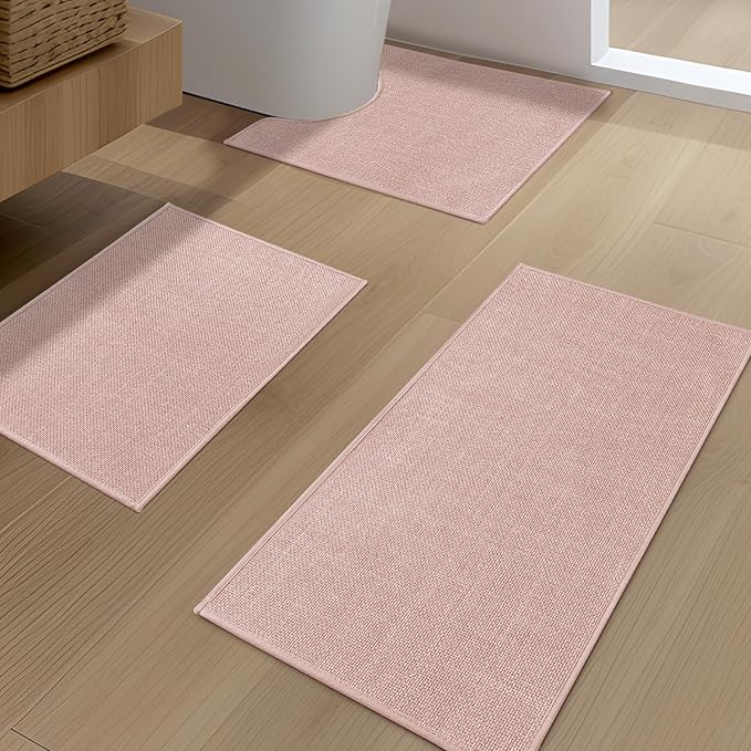 YIHOUSE Pink Bathroom Rug Set, 3 Piece, Absorbent Non Slip, Quick Dry, Thin Bath Mat for Bathroom and Kitchen