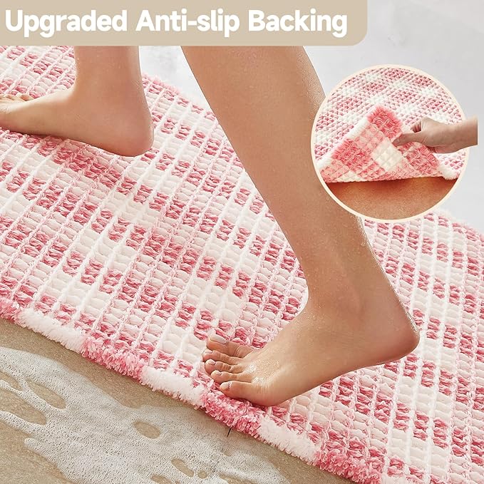 Waffle Runner Rug Bathroom, Long Boho Bathroom Rugs Non Slip Washable Absorbent Checkered Bathroom Mat Quick Dry Cute Bath Mat, 72"x24" Pink and White