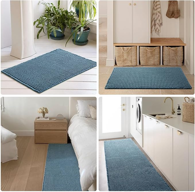 Waffle Bath Mat, Boho Bathroom Rugs Non Slip Washable Super Absorbent Quick Dry Bath Mat Farmhouse Bathroom Decor, 30"x20" Denim Blue