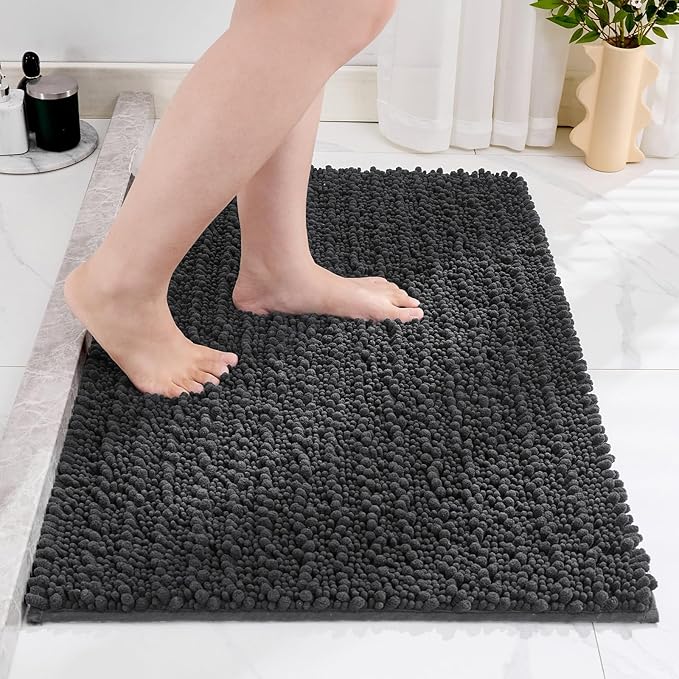 Non Slip Bathroom Rug Machine Washable Thick Dark Grey Bath Mat 24x36 Soft Absorbent Bathroom Floor Mat Chenille Bath Rug for Shower Tub