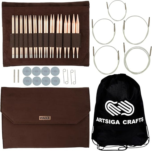 Lykke Cypra 5 in. Complete Set US Sizes US 3, 4, 5, 6, 7, 8, 9, 10, 10.5, 11, 13, 15 Interchangeable Circ. Knitting Needles for DK, Worsted, Chunky Yarns, Copper, 5 Cords, Brown VS Case, Project Bag