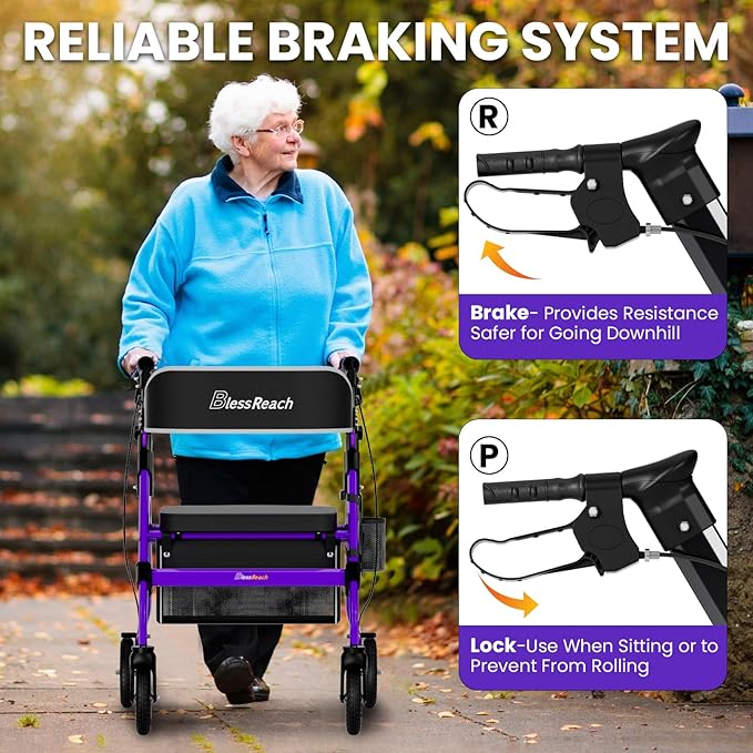 Foldable Rollator Walkers with Seat for Seniors, 450 lb Capacity, 8'' Wheels, 18" Big Seat, 6-Position Adjustable Height, Heavy-Duty Aluminum Rolling Walker (Purple)