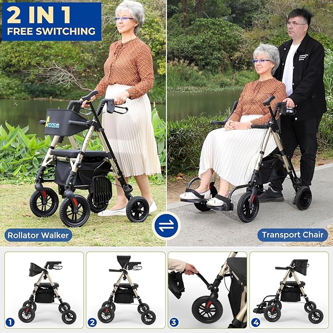 Foldable Rollator Walker for Seniors with Seat, Lightweight 2 In 1 Rolling Walkers Wheelchair Combo for Adult, Transport Chair with Brakes, Adjustable Seat & Handle, 300 Lb. Weight Capacity, Champagne