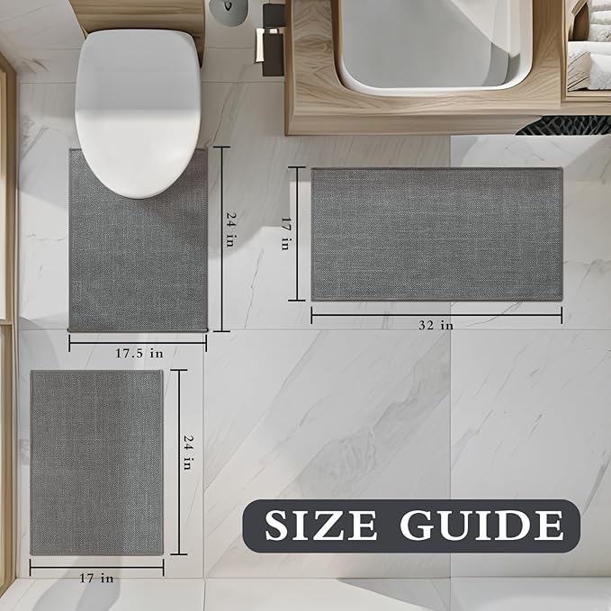 YIHOUSE Grey Bathroom Rug Sets 3 Piece, Absorbent Bath Mat for Bathroom Non Slip Washable, Bathroom Mat Quick Dry, Thin Bath Rug Set for Toilet and Floor