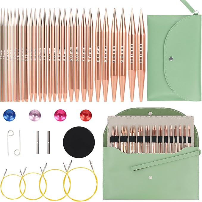 Aeelike Interchangeable Knitting Needles Set,13 Pairs Circular Knitting Needles Aluminum (Size 3.0mm-10.0mm) with 4 Cables for Socks Blankets Cushions, Ideal Crochet Gift