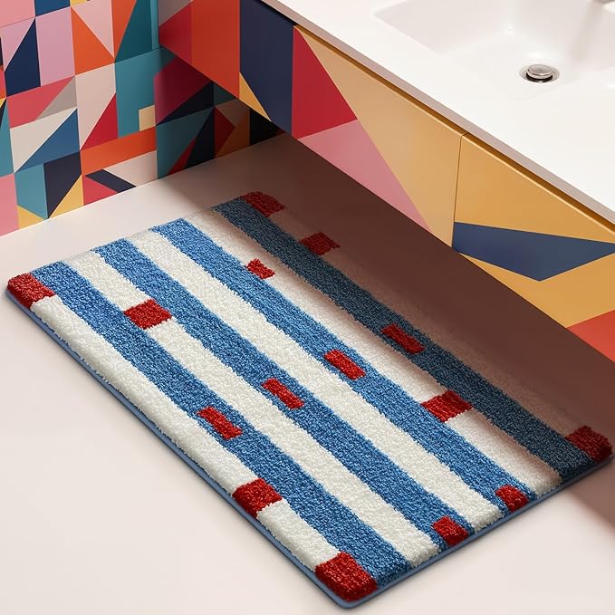 LUMI Bathroom Rugs with Blue White Stripe, Soft Absorbent Bath Mat for Modern Home Decor, Non-Slip Quick-Dry Bath Rug, Machine Washable Floor Mat for Shower and Tub, Entryway, 20"x32", Brick Line