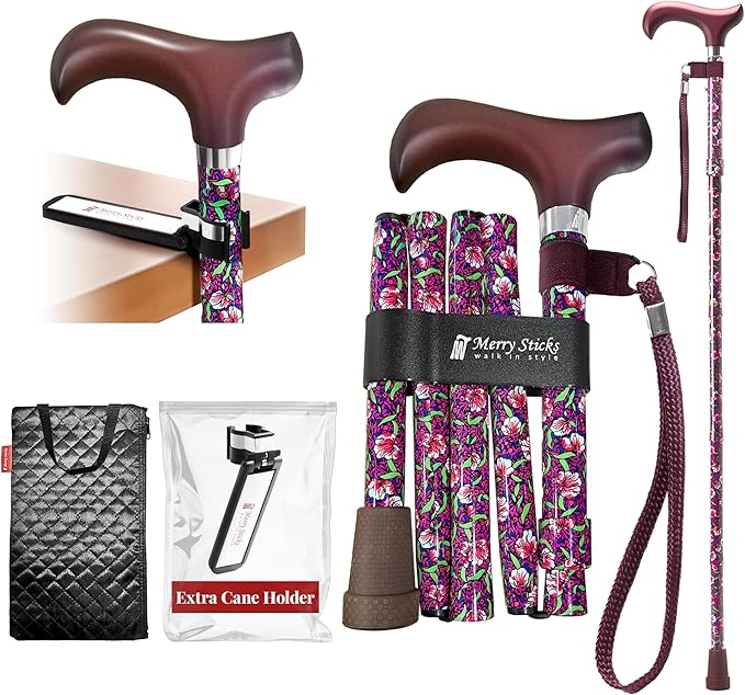 [Combo] Merry Sticks Lightweight Foldable Walking Canes for Women and Men, Adjustable & Collapsible Walking Stick for Seniors, Includes A Cane Bag & A Smart Reflective Cane Holder