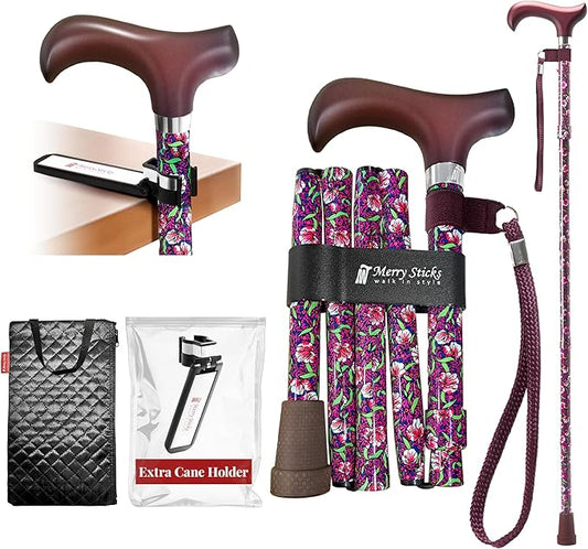 [Combo] Merry Sticks Lightweight Foldable Walking Canes for Women and Men, Adjustable & Collapsible Walking Stick for Seniors, Includes A Cane Bag & A Smart Reflective Cane Holder