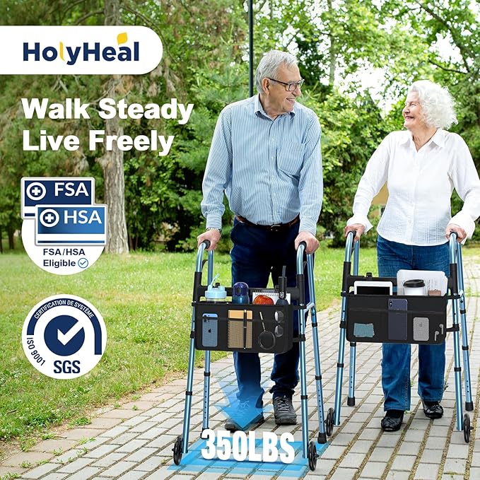 Walkers for Seniors with Basket and Glide Skis, 5" Wheels Lightweight Folding Walker, Support Up to 350 lbs, Height Adjustable Standard Compact Rolling Walker, Blue