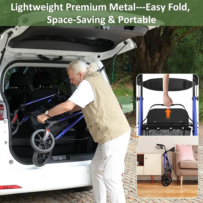 WALK MATE Walkers for Seniors, Rollator Walker with Seat 4 x10 Inch Big Wheels, Foldable All Terrain Rolling Walker, Lightweight Mobility Aid with Adjustable Height, 350lb Weight Capacity, Blue