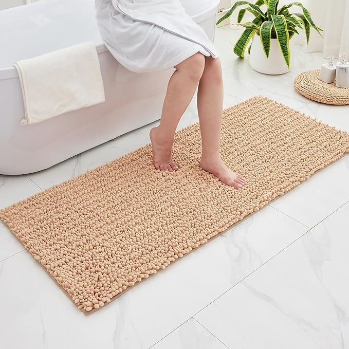 Bathroom Runner Rug 24x60 Non Slip Washable Long Bath Mat for Tub Thick Soft Absorbent Bathroom Floor Mat Large Chenille Bath Rug for Shower, Beige