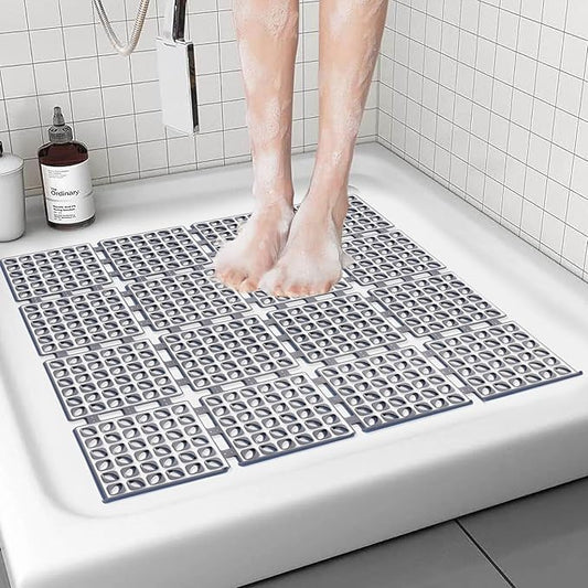 Shower Mat Non Slip，24"X24" Bathtub Mat Non Slip Square Shower Mats for Inside Shower with Drain Holes Suction Cups, Quick Drain, TPE Shower Floor Mat for Elderly & Kids (D-Grey)